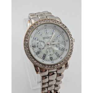 Studio Time Watch Women 40mm Case Rhinestone Bezel 7" Silver Band- New Battery